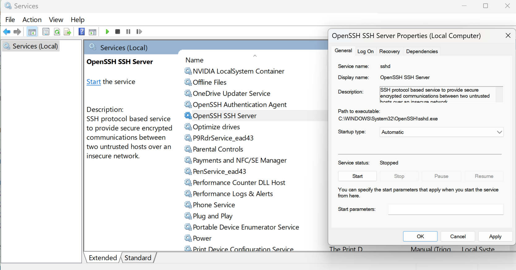Setting ssh service